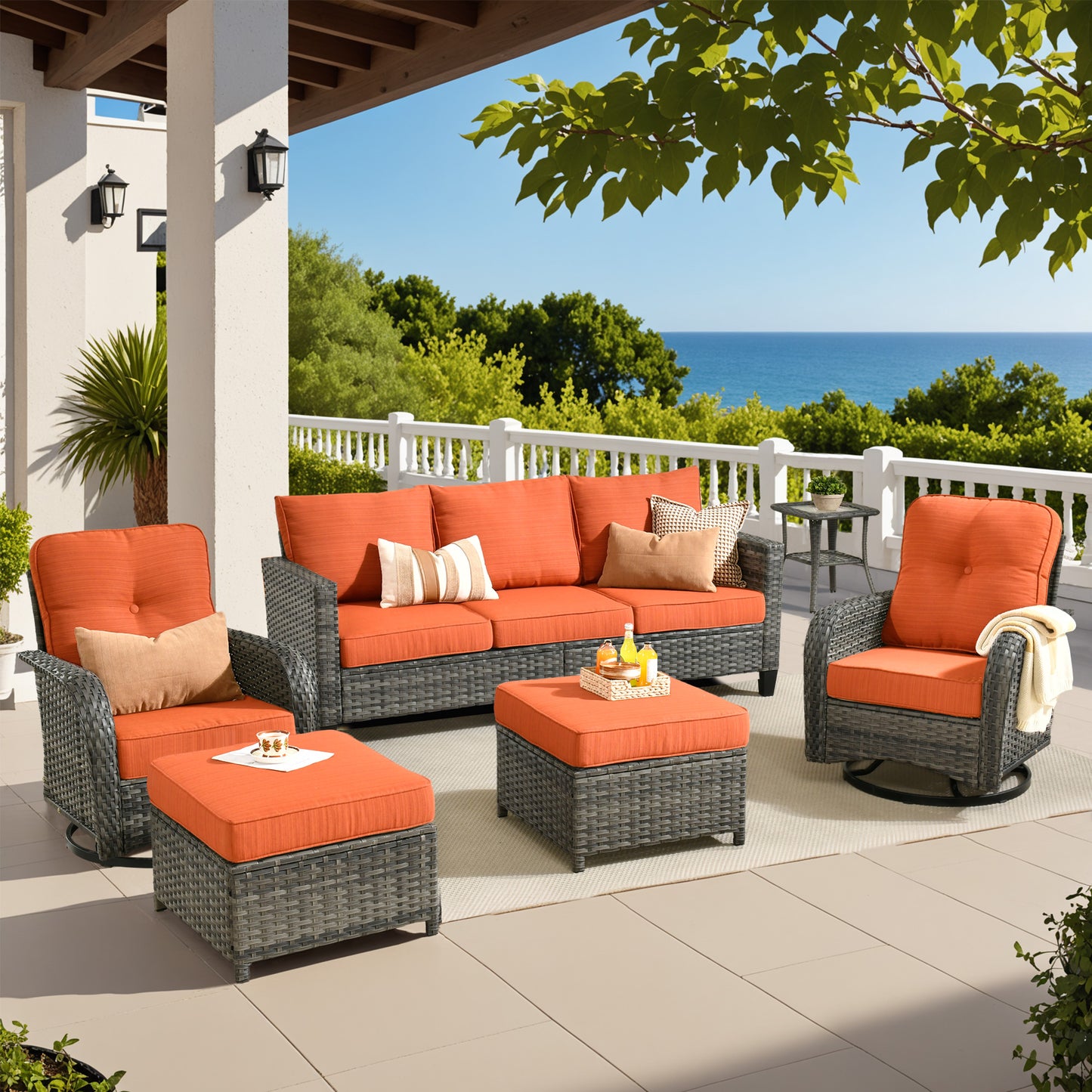 Vcatnet Patio Conversation Set, 5 Pieces Outdoor Sectional Sofa, All Weather Wicker Patio Furniture with Swivel Rocking Chairs and Coffee Table