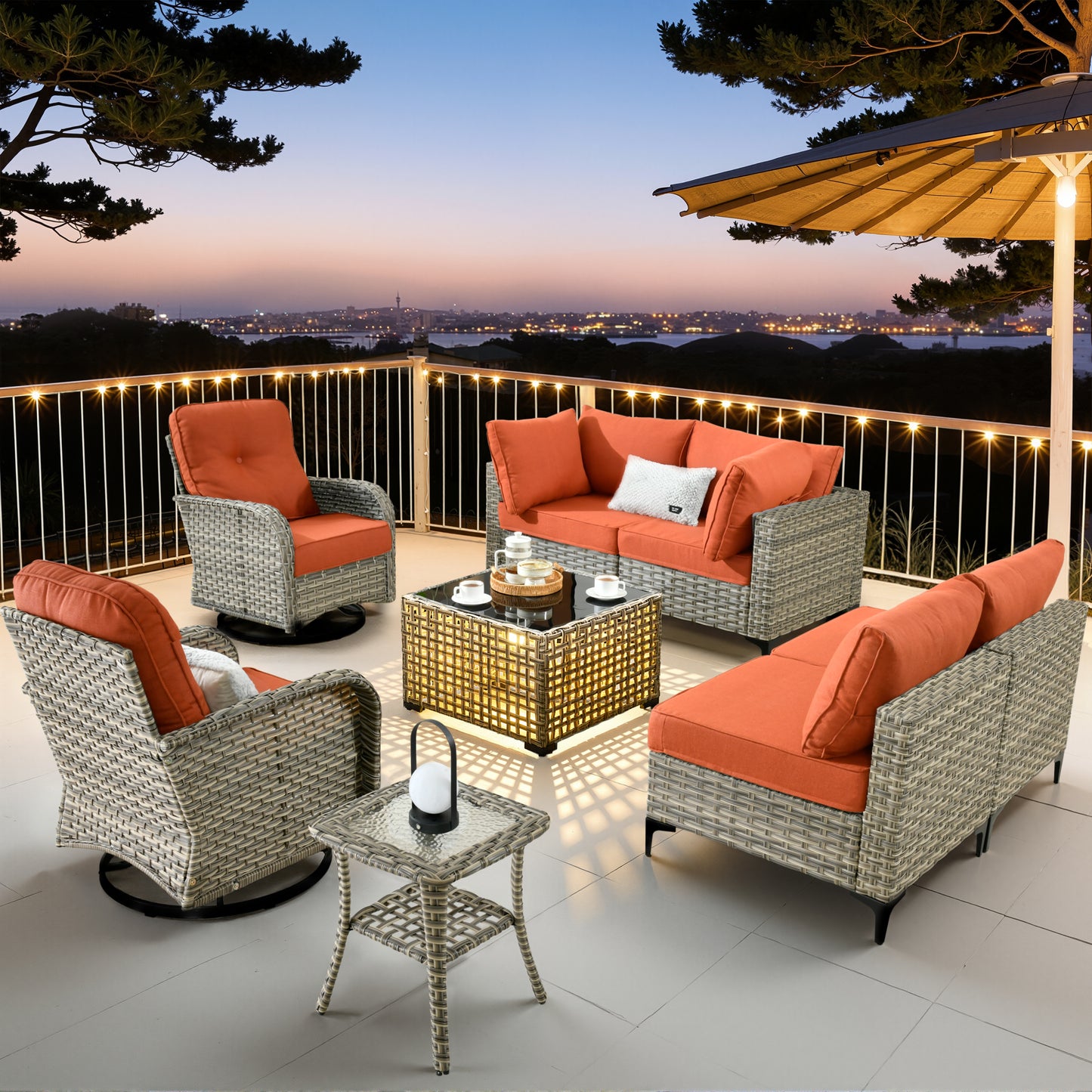 Vcatnet Outdoor Patio Furniture Sets 8 Pieces Sectional Sofa Wicker Conversation Set with Swivel Glider Chairs and Solar Powered Coffee Table for Porch,Backyard