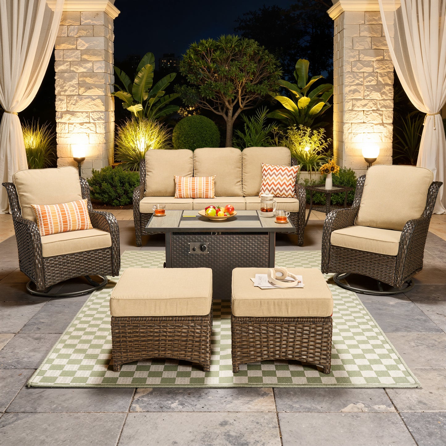 Vcatnet 6 Pieces Outdoor Patio Furniture Wicker High-Back Conversation Set with Swivel Rocking Chairs and Ottoman