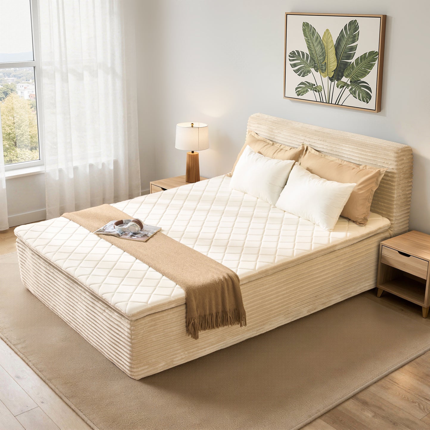 Vcatnet Twin Mattress with Headboard, 16.7 inch Hybrid Memory Foam Mattress in a Box, Corduroy Floor Bed, No Assembly Required, Beige