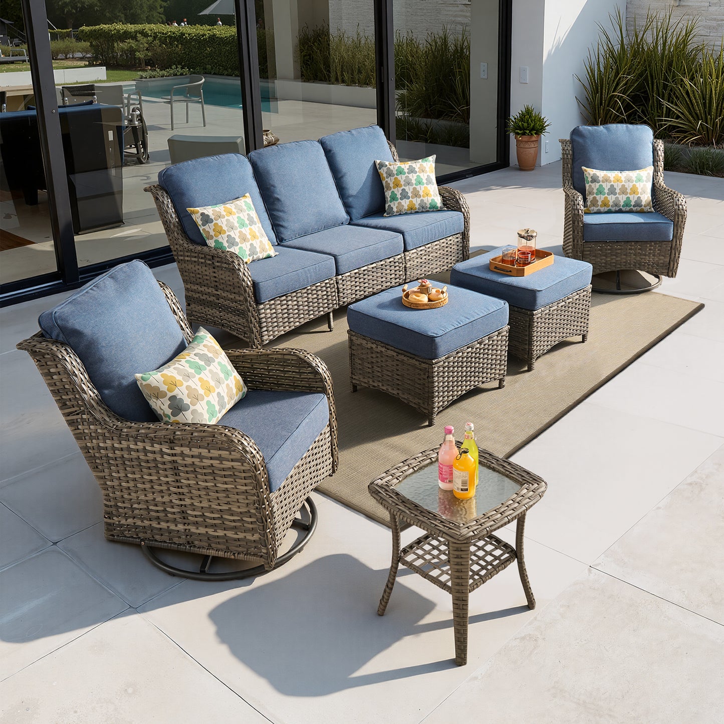 Vcatnet 6 Pieces Outdoor Patio Furniture Wicker High-Back Conversation Set with Swivel Rocking Chairs and Ottoman