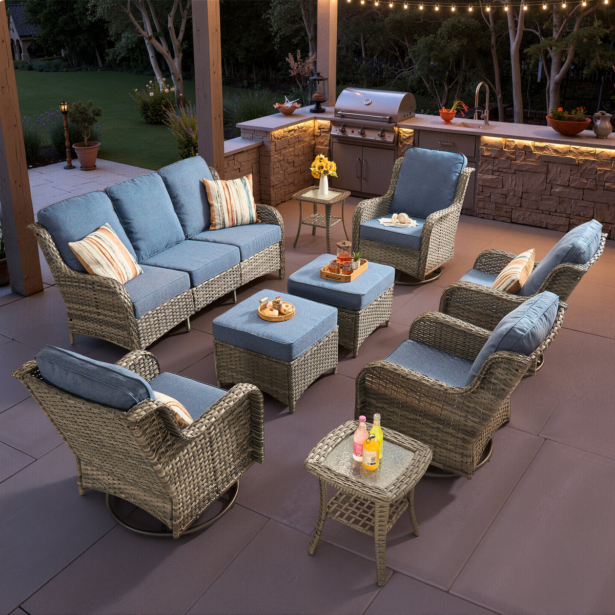 Vcatnet 5 Pieces Outdoor Patio Furniture with Fire Pit Wicker Sectional Sofa High-Back Conversation Set with Swivel Chairs