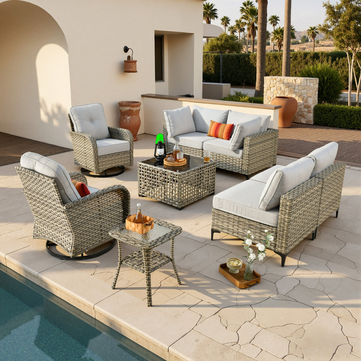 Vcatnet Outdoor Patio Furniture Sets 8 Pieces Sectional Sofa Wicker Conversation Set with Swivel Glider Chairs and Solar Powered Coffee Table for Porch,Backyard