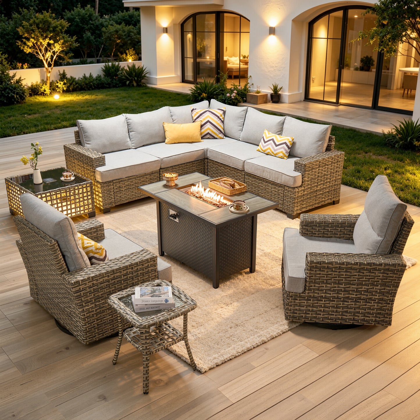 Vcatnet 9 Pieces Outdoor Patio Furniture with 54" Fire Pit Wicker Sectional Sofa All-Weather Outdoor Conversation Set with Swivel Glider Chairs and Ottoman