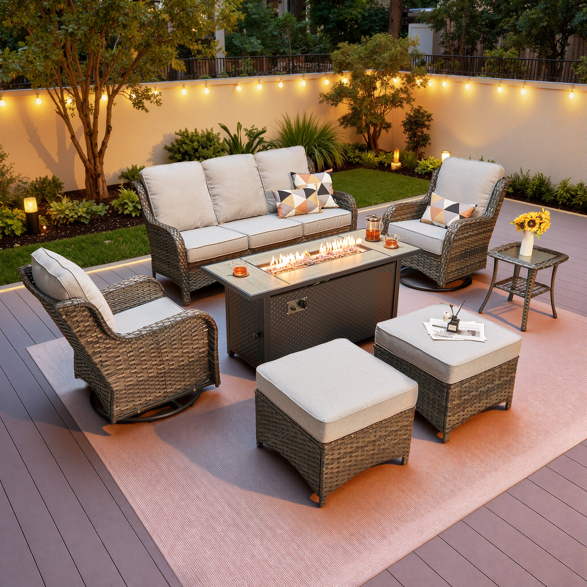 Vcatnet 5 Pieces Outdoor Patio Furniture with Fire Pit Wicker Sectional Sofa High-Back Conversation Set with Swivel Chairs