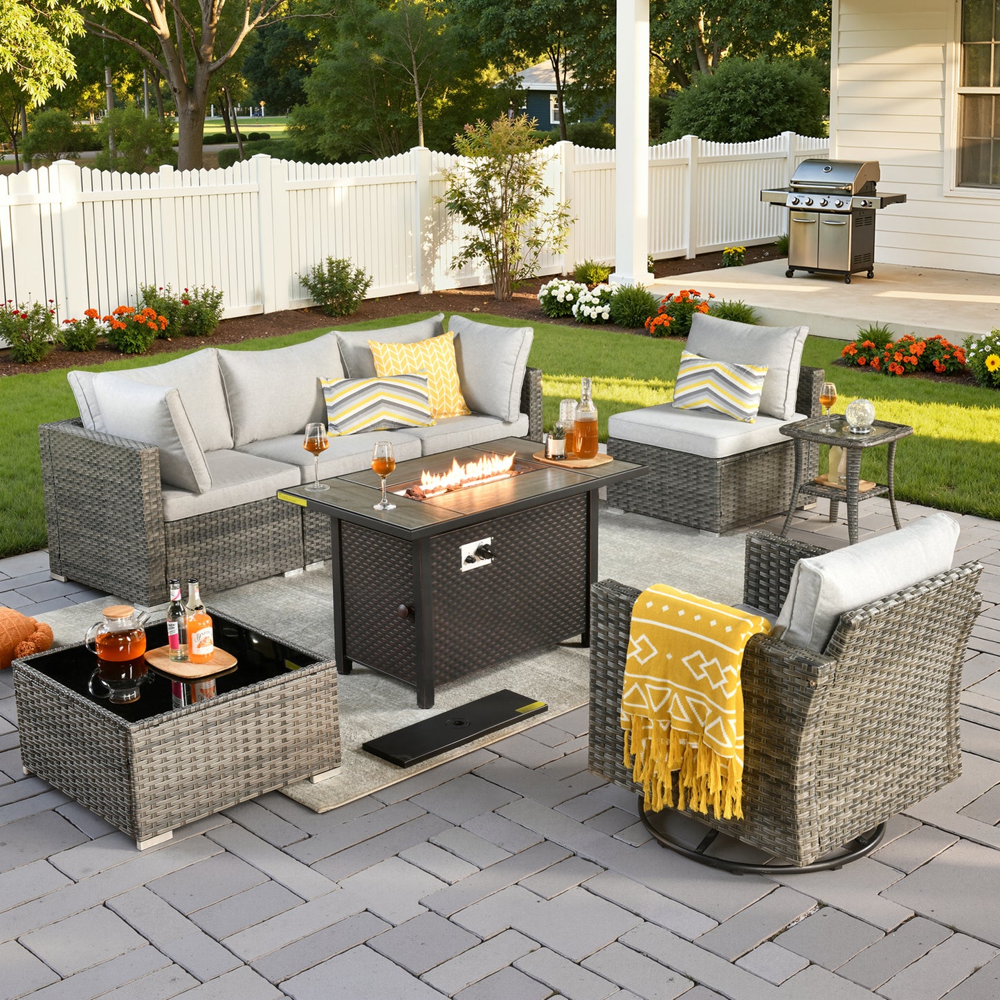 Vcatnet 6 Pieces Outdoor Patio Furniture with Fire Pit, Wicker Outdoor Conversation Set, Outdoor Sectional with Coffee Table