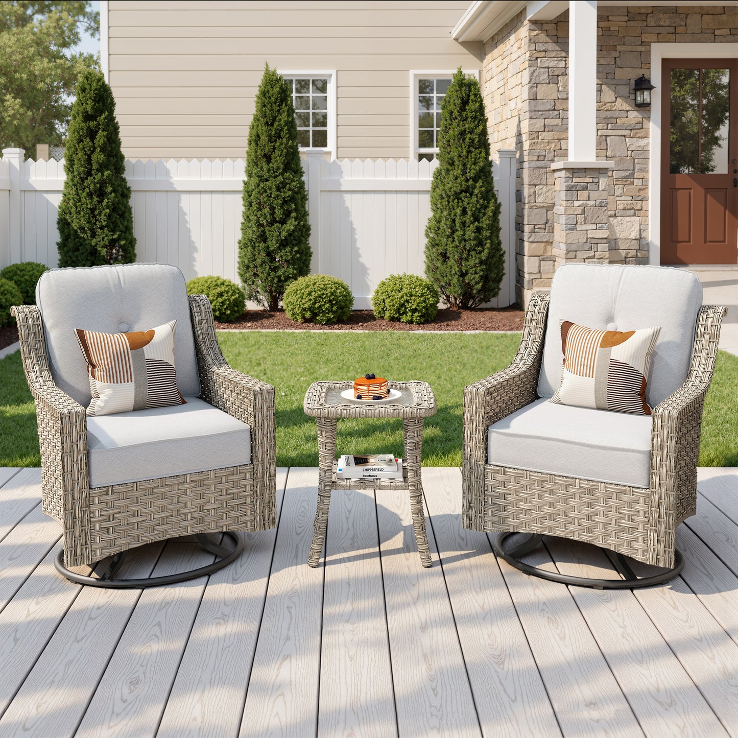 Vcatnet 3 Pieces Outdoor Patio Furniture Wicker Outdoor Swivel Rocking Chairs Set of 2 with Side Table, Swivel Rocker Patio Chairs Set for Porch, Backyard