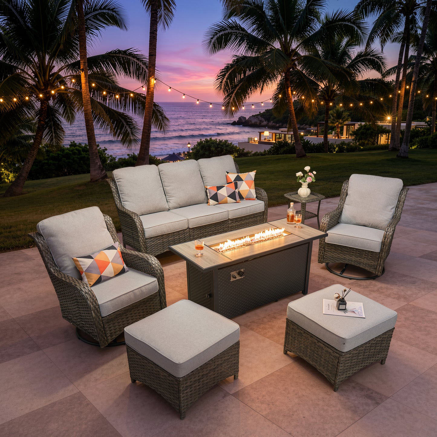 Vcatnet 5 Pieces Outdoor Patio Furniture with Fire Pit Wicker Sectional Sofa High-Back Conversation Set with Swivel Chairs