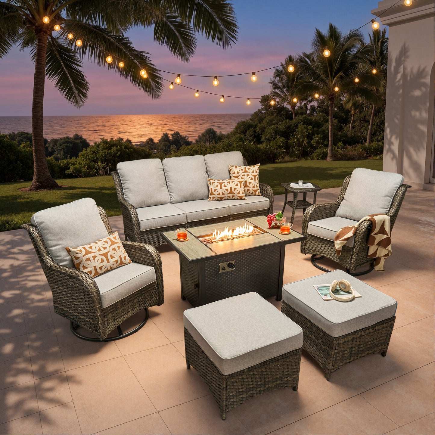 Vcatnet 5 Pieces Outdoor Patio Furniture with Fire Pit Wicker Sectional Sofa High-Back Conversation Set with Swivel Chairs