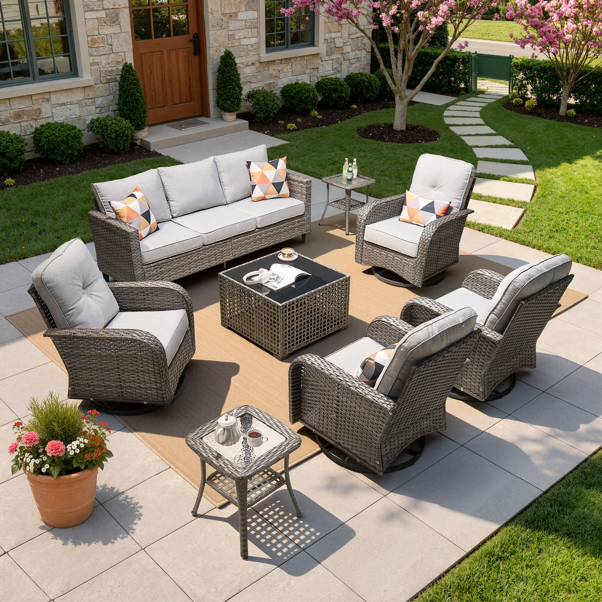 Vcatnet Outdoor Patio Furniture Set 8 Pieces Wicker Sectional Sofa All-Weather Rattan Conversation Set with Swivel Chairs and Coffee Table