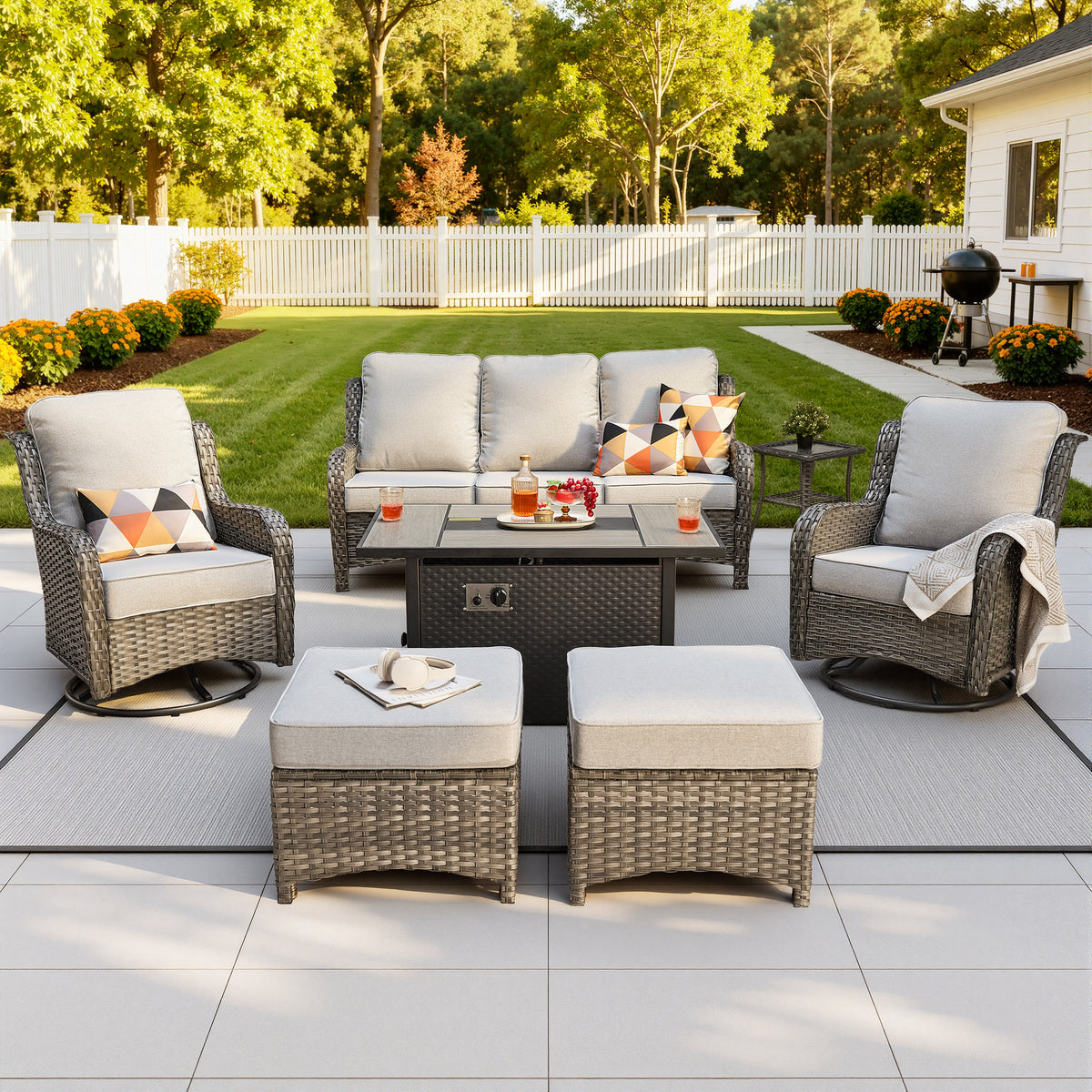 Vcatnet 5 Pieces Outdoor Patio Furniture with Fire Pit Wicker Sectional Sofa High-Back Conversation Set with Swivel Chairs