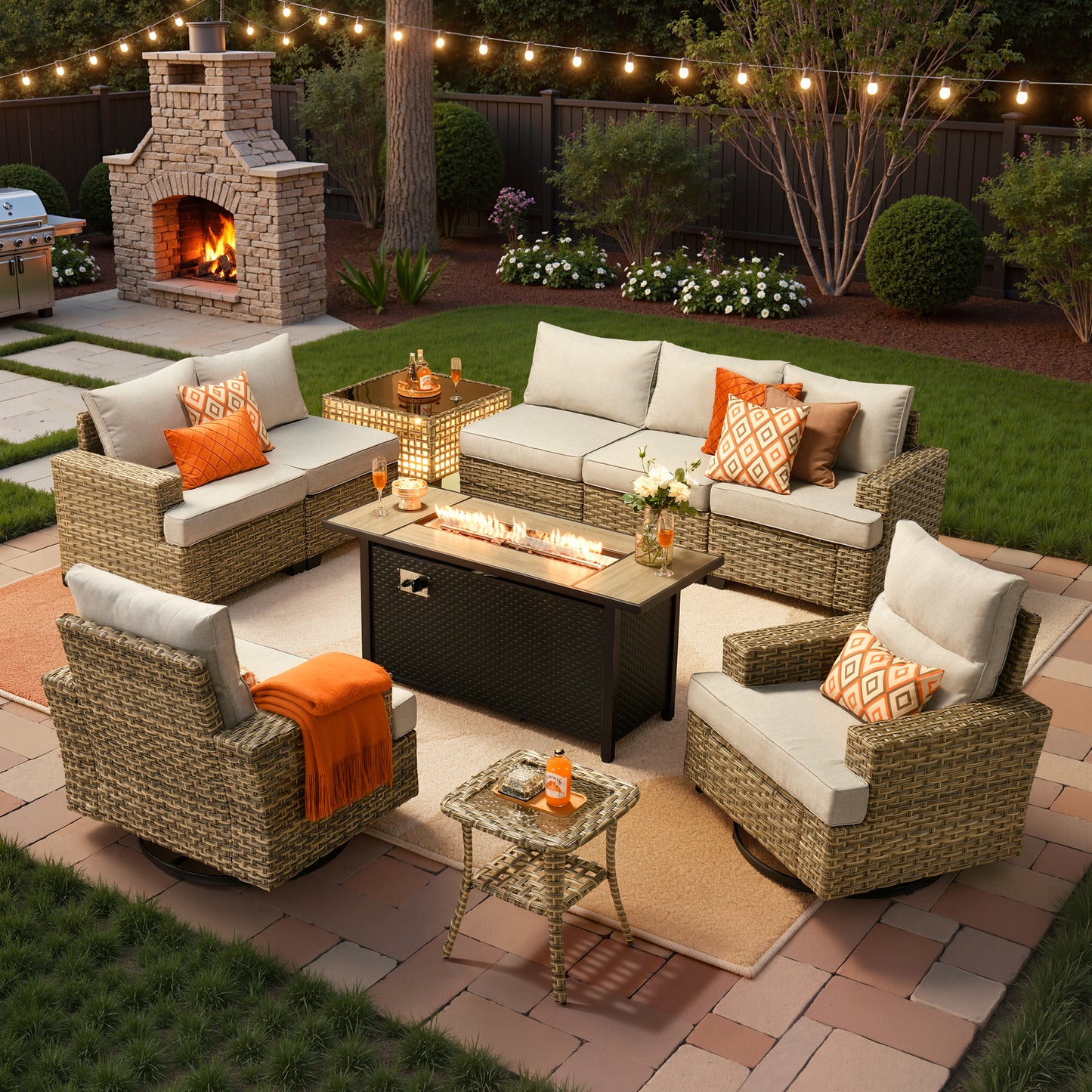 Vcatnet 9 Pieces Outdoor Patio Furniture with 54" Fire Pit Wicker Sectional Sofa All-Weather Outdoor Conversation Set with Swivel Glider Chairs and Ottoman