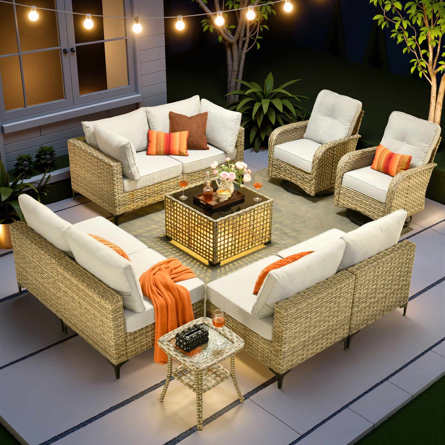 Vcatnet Outdoor Patio Furniture Sets 8 Pieces Sectional Sofa Wicker Conversation Set with Swivel Glider Chairs and Solar Powered Coffee Table for Porch,Backyard