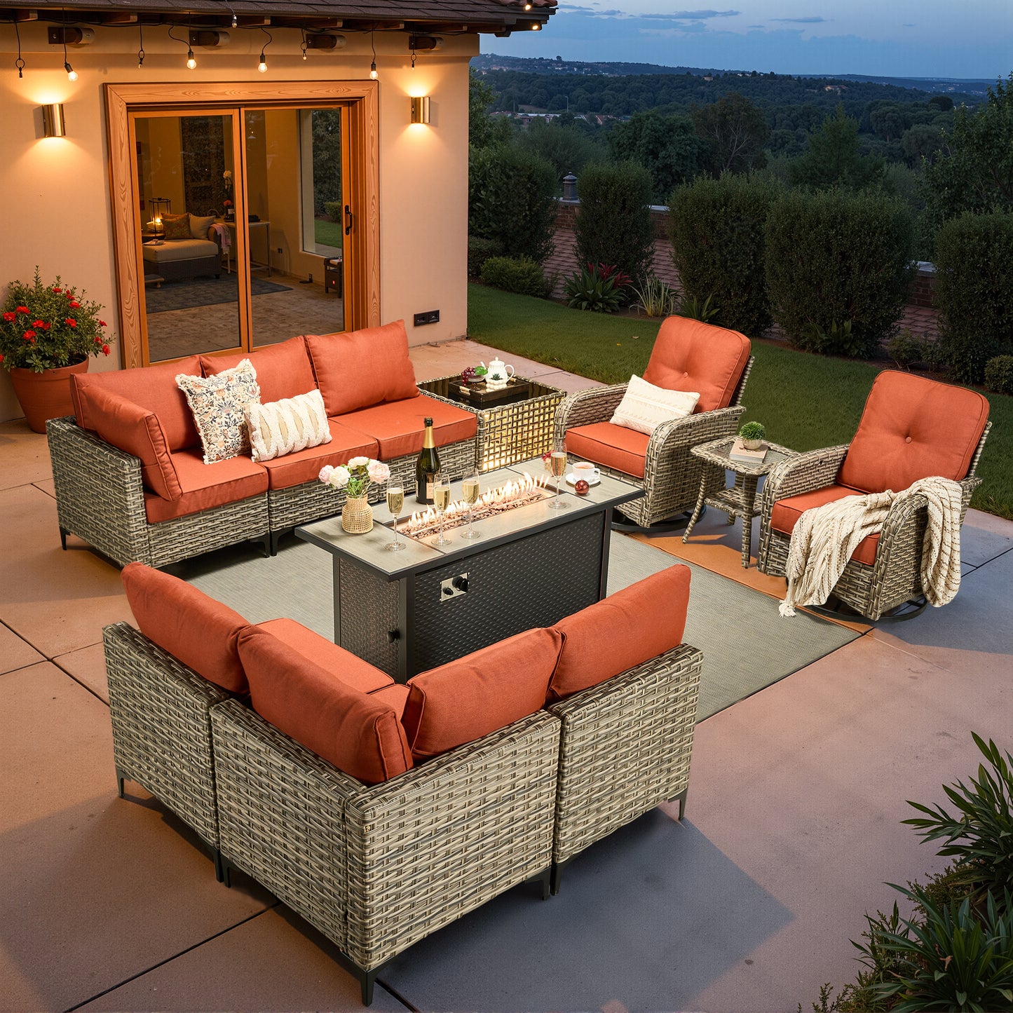 Vcatnet Outdoor Patio Furniture Sets 8 Pieces Sectional Sofa Wicker Conversation Set with Swivel Glider Chairs and Solar Powered Coffee Table for Porch,Backyard