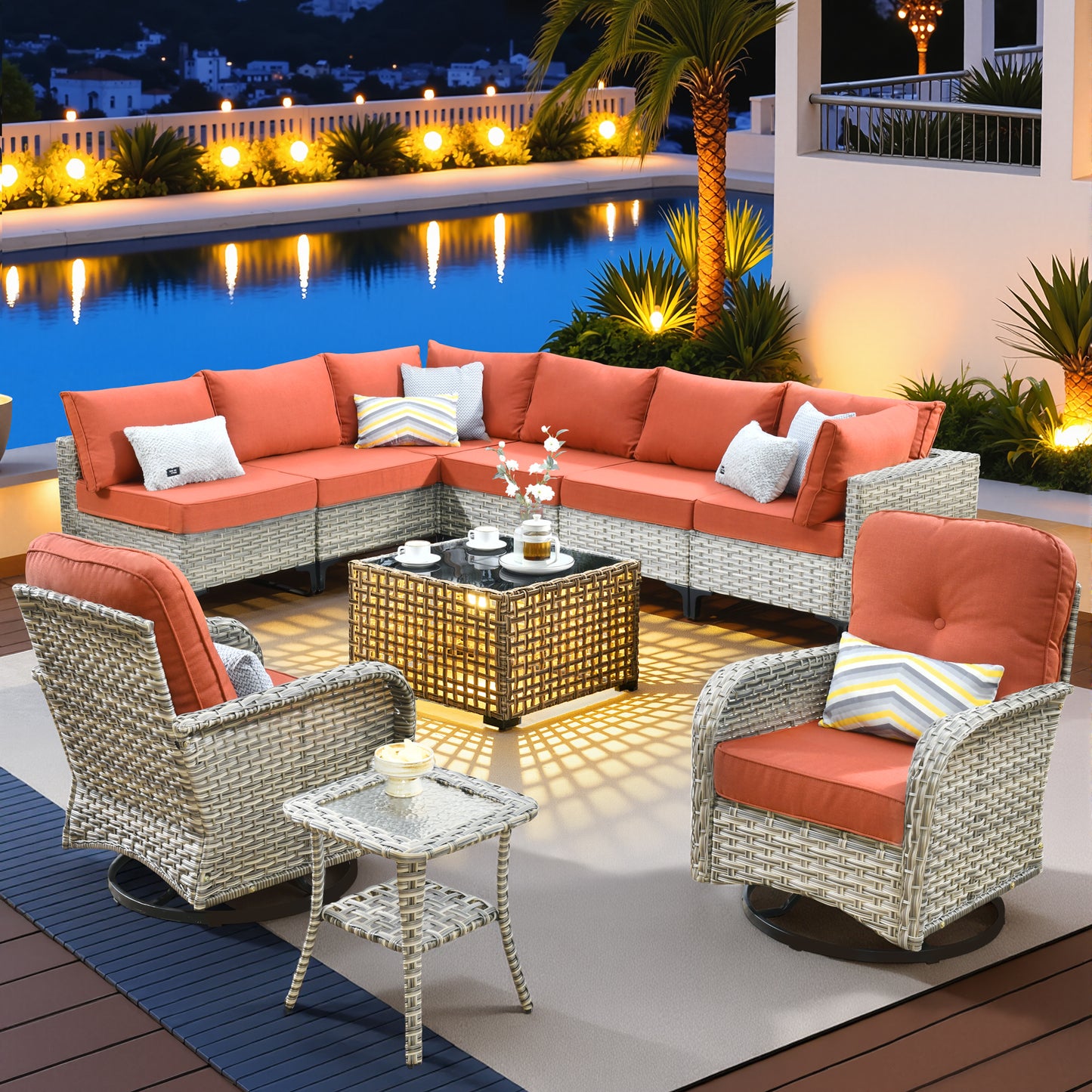 Vcatnet Outdoor Patio Furniture Sets 8 Pieces Sectional Sofa Wicker Conversation Set with Swivel Glider Chairs and Solar Powered Coffee Table for Porch,Backyard