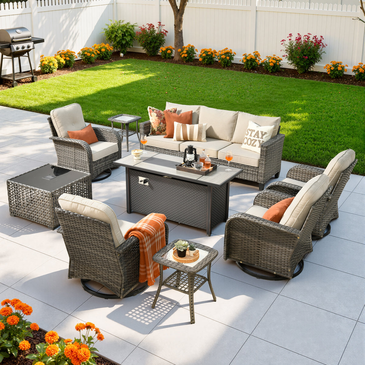 Vcatnet Outdoor Patio Furniture Set 8 Pieces Wicker Sectional Sofa All-Weather Rattan Conversation Set with Swivel Chairs and Coffee Table