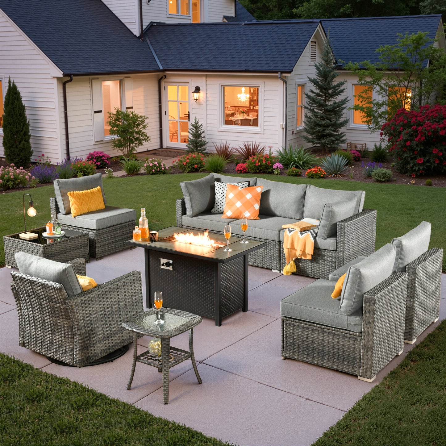 Vcatnet 6 Pieces Outdoor Patio Furniture with Fire Pit, Wicker Outdoor Conversation Set, Outdoor Sectional with Coffee Table