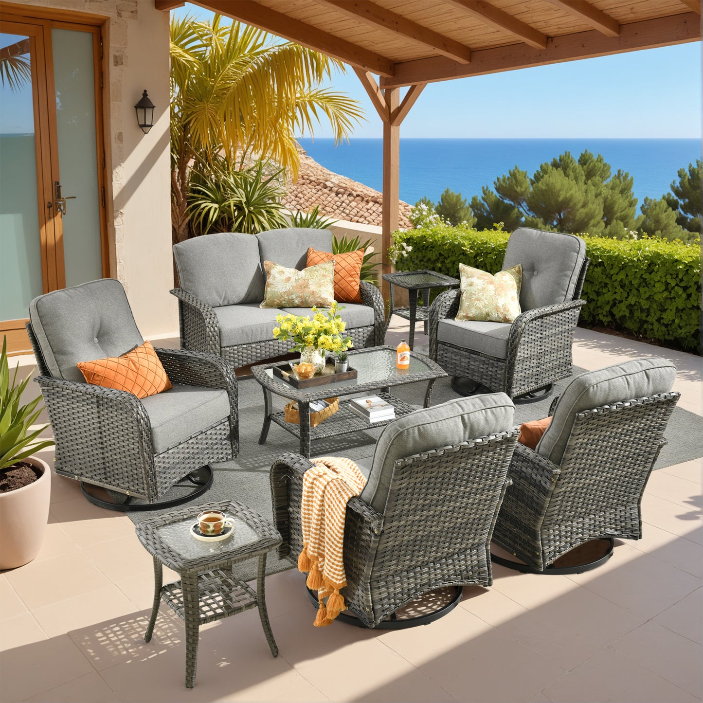 Vcatnet 5 Pieces Patio Furniture with Swivel Chairs, High Back Outdoor Conversation Set, All-Weather Wicker Sectional Furniture Set