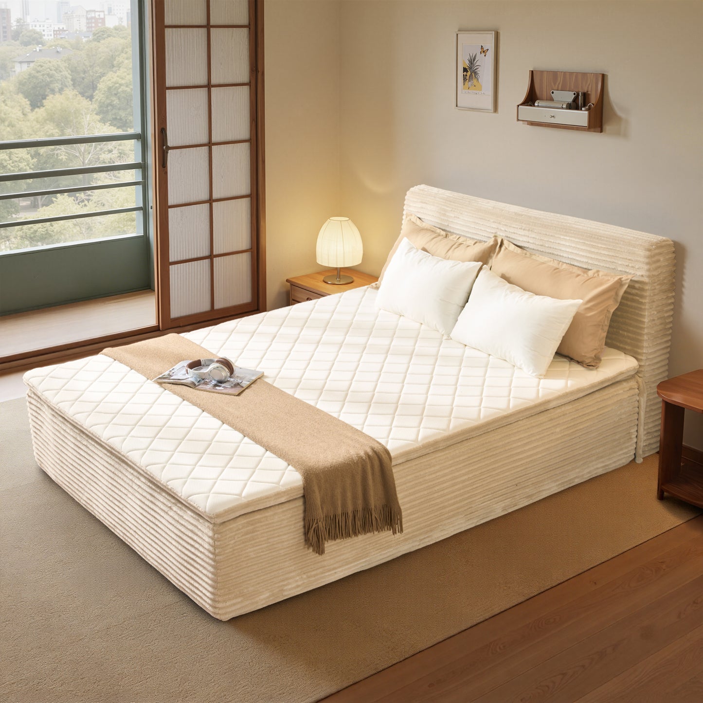 Vcatnet Twin Mattress with Headboard, 16.7 inch Hybrid Memory Foam Mattress in a Box, Corduroy Floor Bed, No Assembly Required, Beige