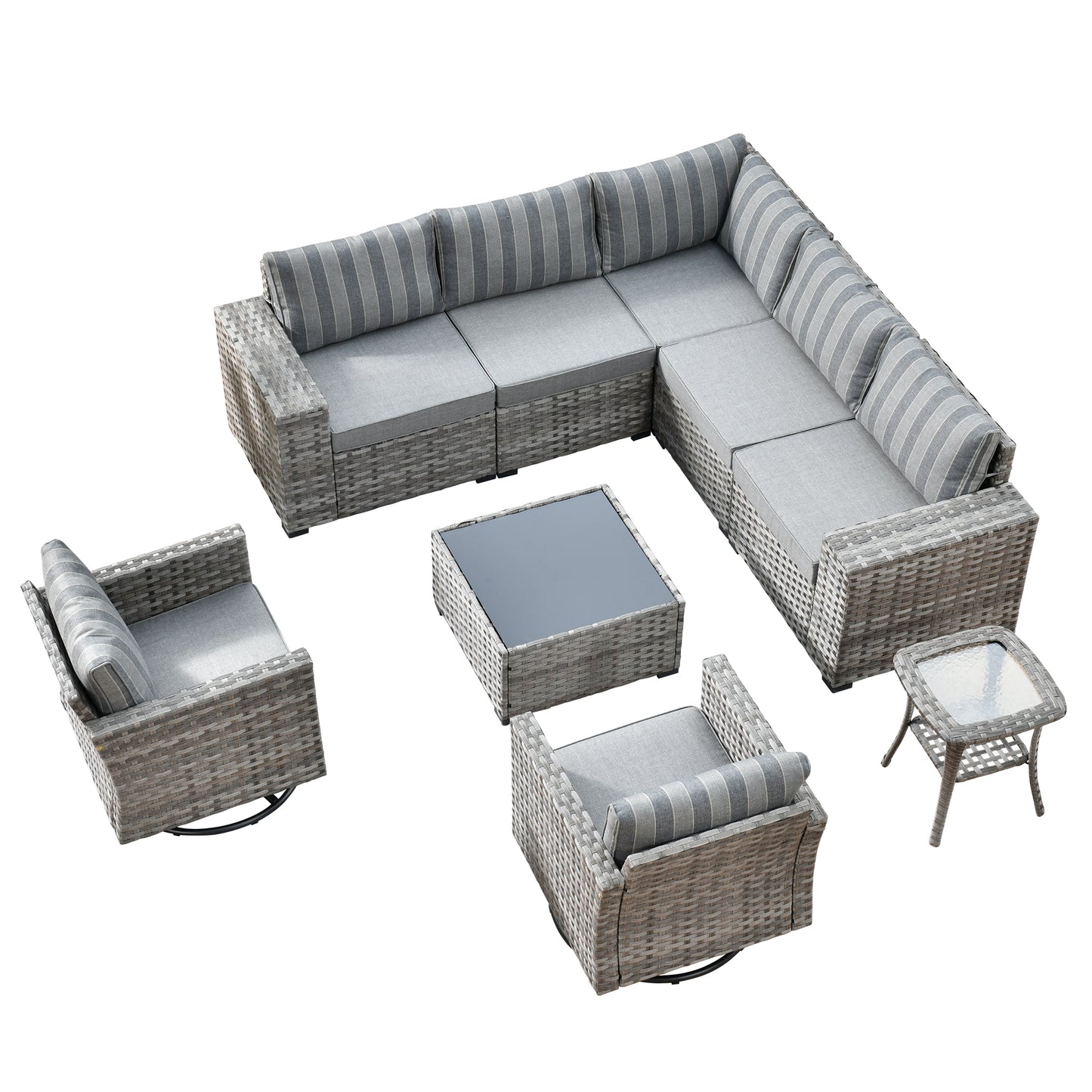 Vcatnet 9 Pieces Conversation Set Patio Outdoor Wicker Furniture with Glider Chairs and Coffee Table,Gray Stripes