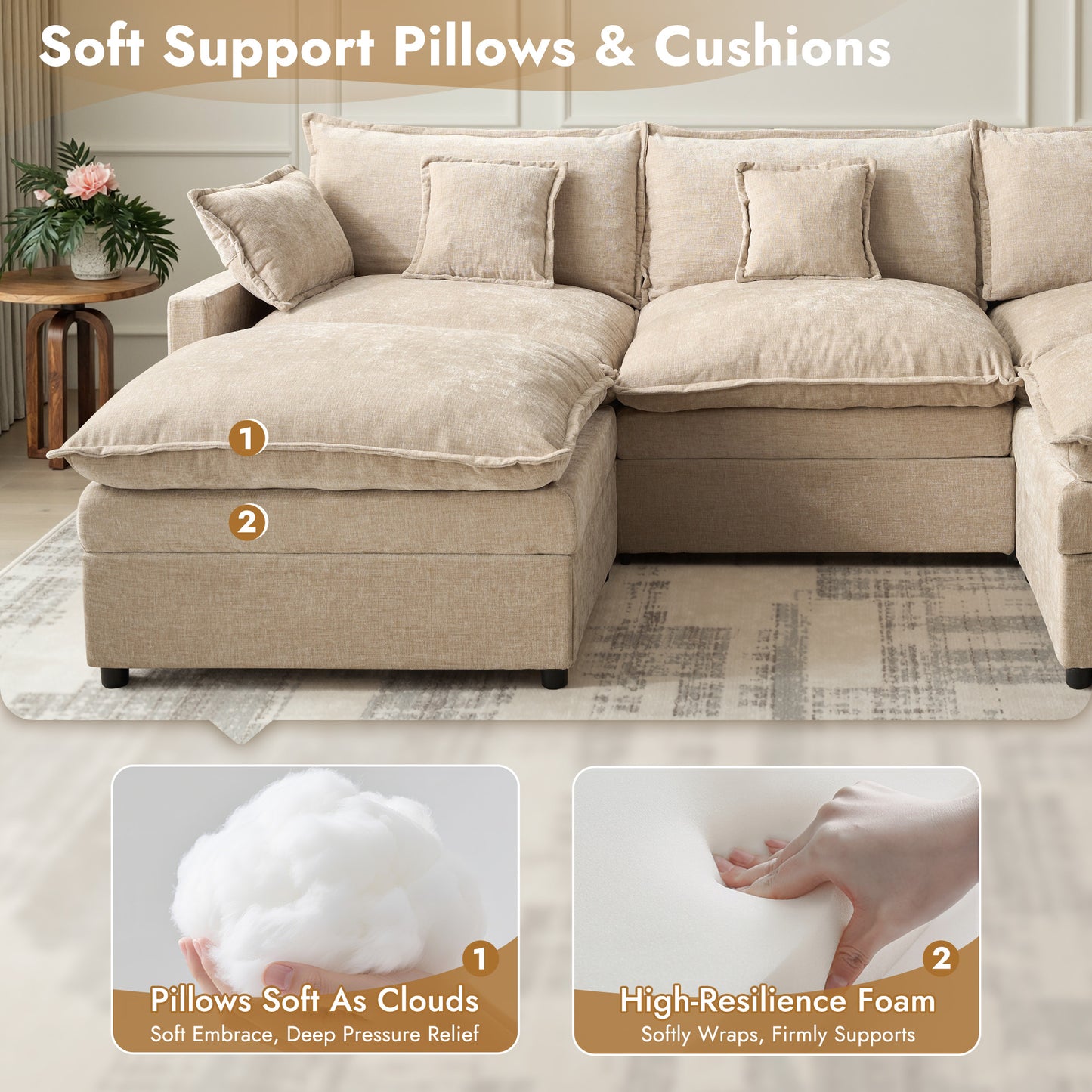 Vcatnet 107" Modular Sectional Sofa Couch Chenille Cloud Couch with 2 Ottomans L Shaped Oversized Modern Minimalist Couch for Living Room