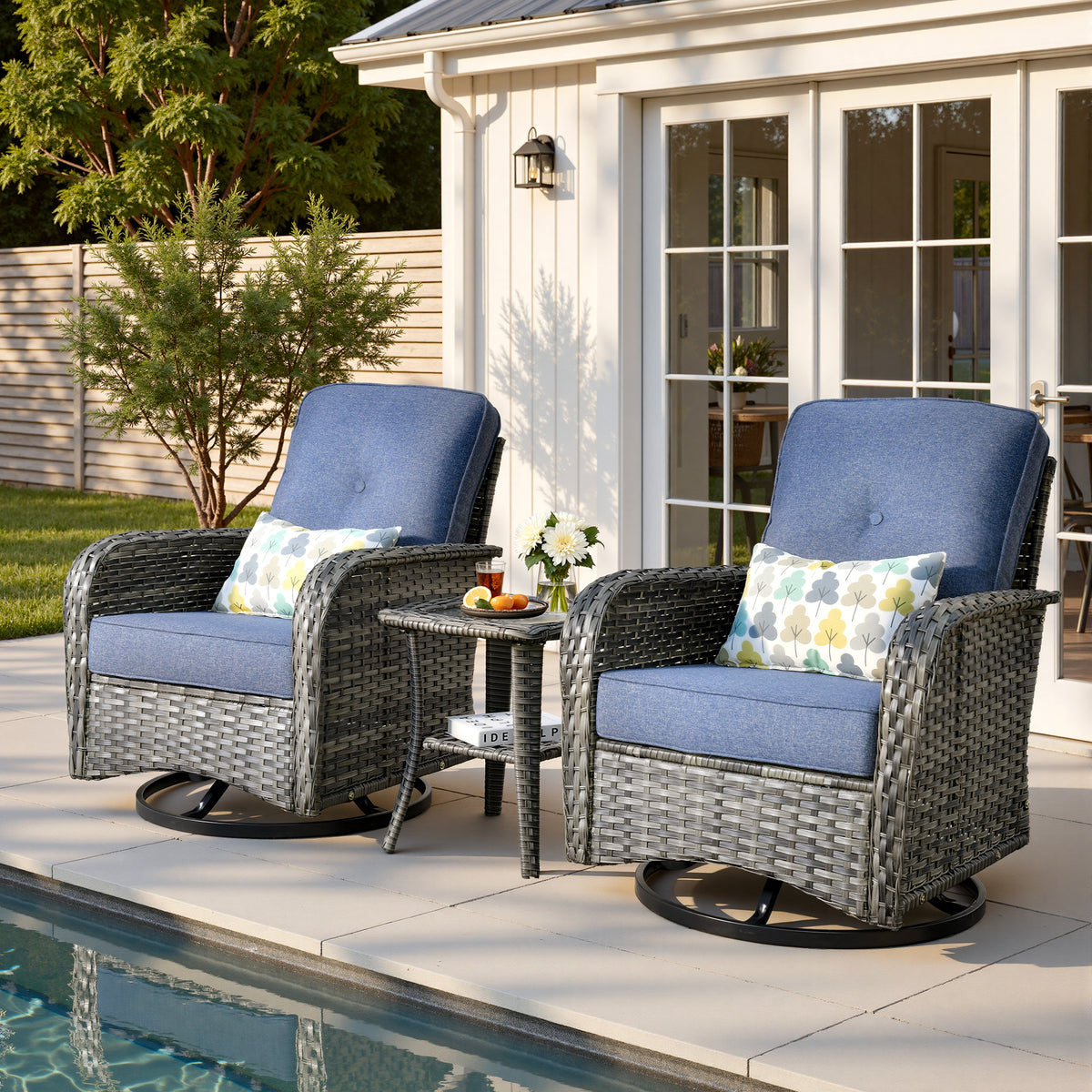 Vcatnet Outdoor Swivel Gliders Set of 2 with Side Table, 3 Pieces Outdoor Patio Furniture Wicker Swivel Rocking Chairs, Swivel Rocker Patio Chairs Set