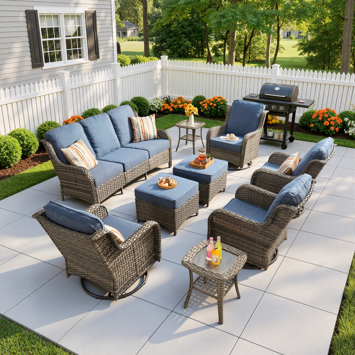 Vcatnet 5 Pieces Outdoor Patio Furniture with Fire Pit Wicker Sectional Sofa High-Back Conversation Set with Swivel Chairs
