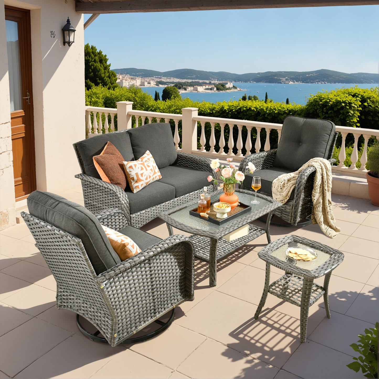Vcatnet 5 Pieces Patio Furniture with Swivel Chairs, High Back Outdoor Conversation Set, All-Weather Wicker Sectional Furniture Set