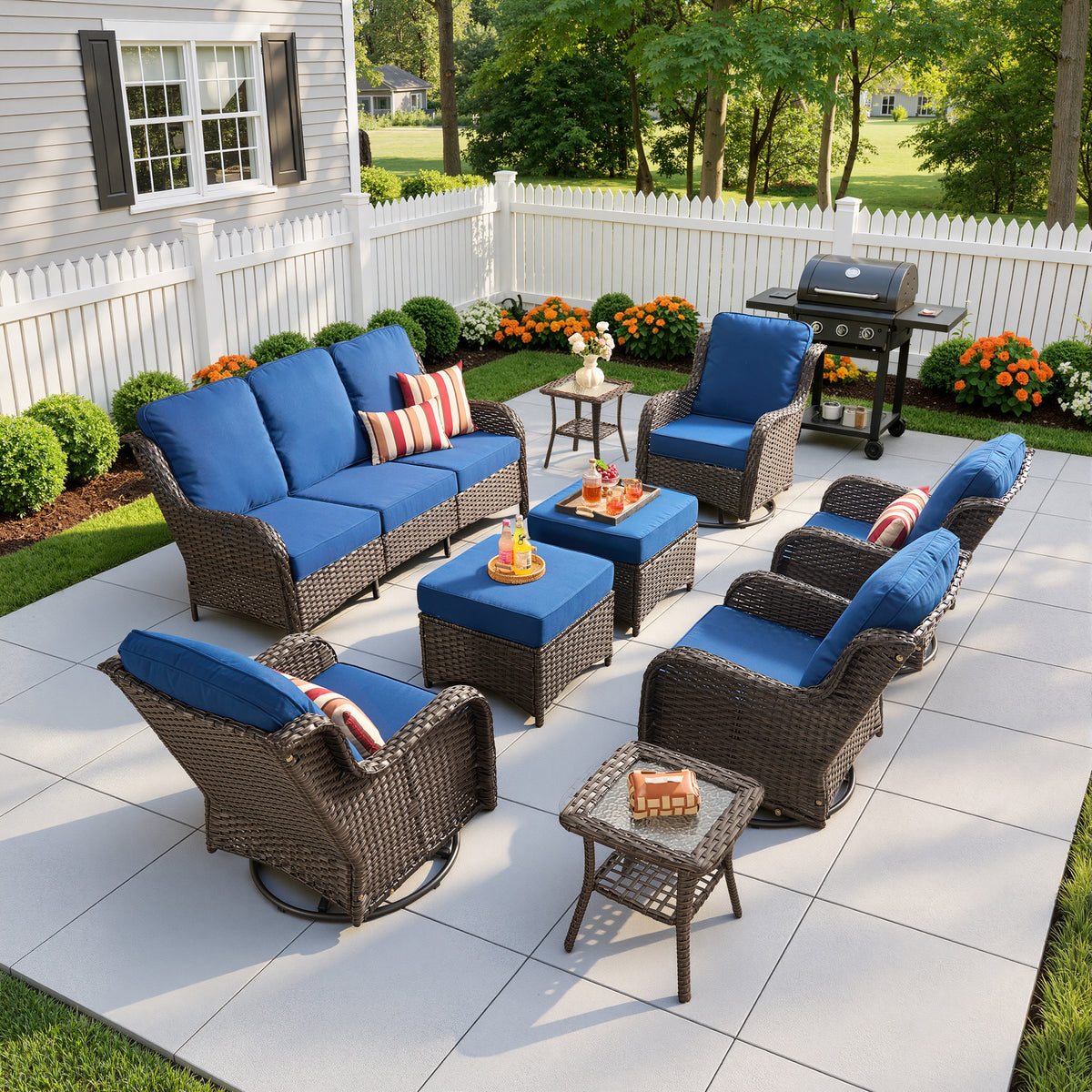 Vcatnet 5 Pieces Outdoor Patio Furniture with Fire Pit Wicker Sectional Sofa High-Back Conversation Set with Swivel Chairs