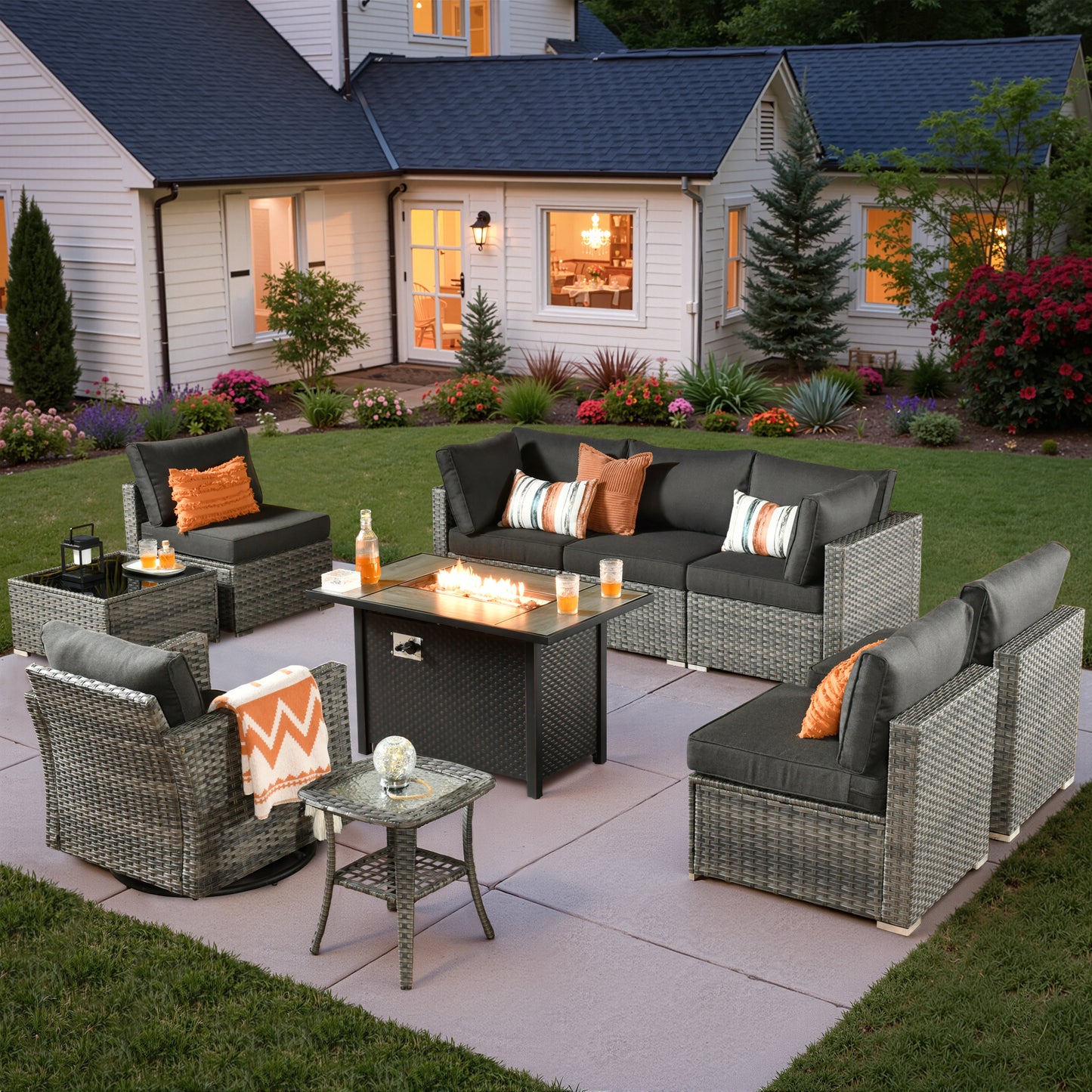 Vcatnet 6 Pieces Outdoor Patio Furniture with Fire Pit, Wicker Outdoor Conversation Set, Outdoor Sectional with Coffee Table