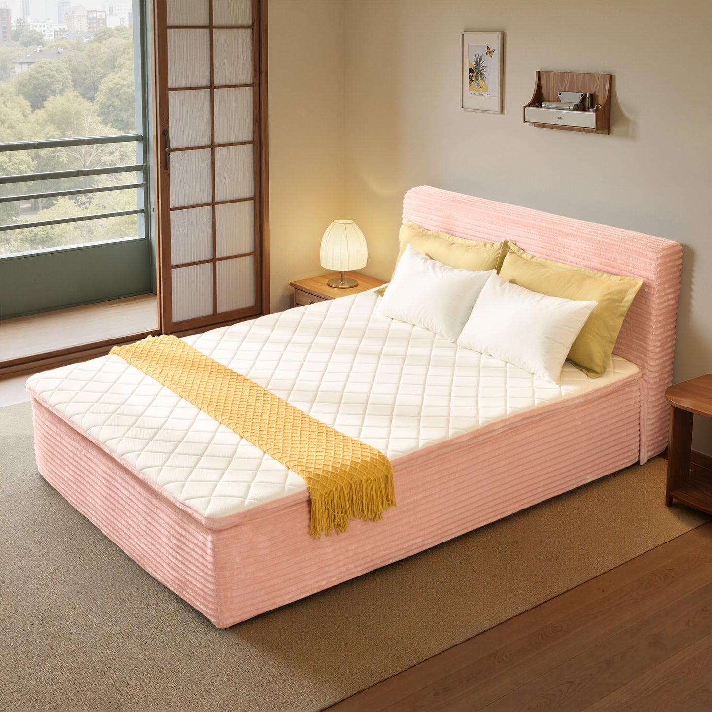 Vcatnet Twin Mattress with Headboard, 16.7 inch Hybrid Memory Foam Mattress in a Box, Corduroy Floor Bed, No Assembly Required, Beige