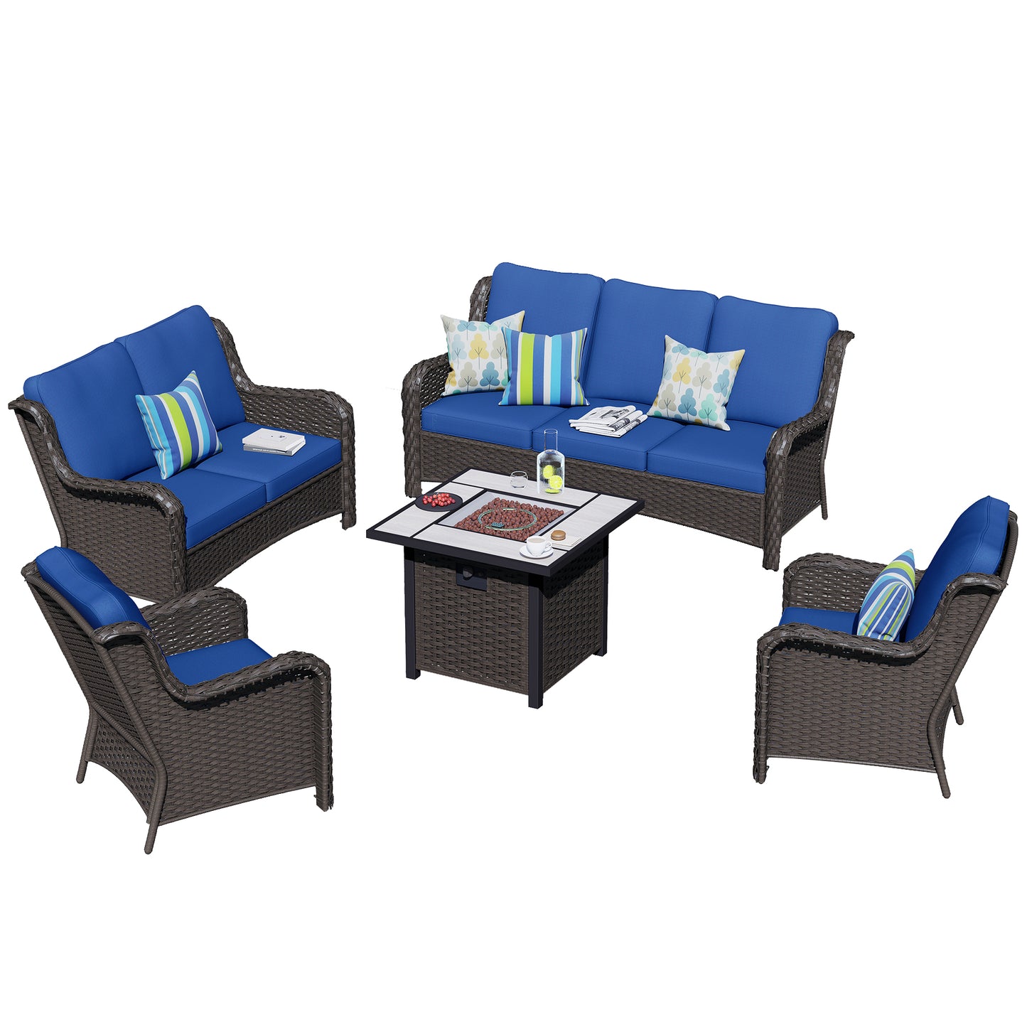 Vcatnet 5 Pieces Conversation Set Outdoor Patio Furniture Sectional Sofa PE Wicker with Fire Pit Table,Navy Blue