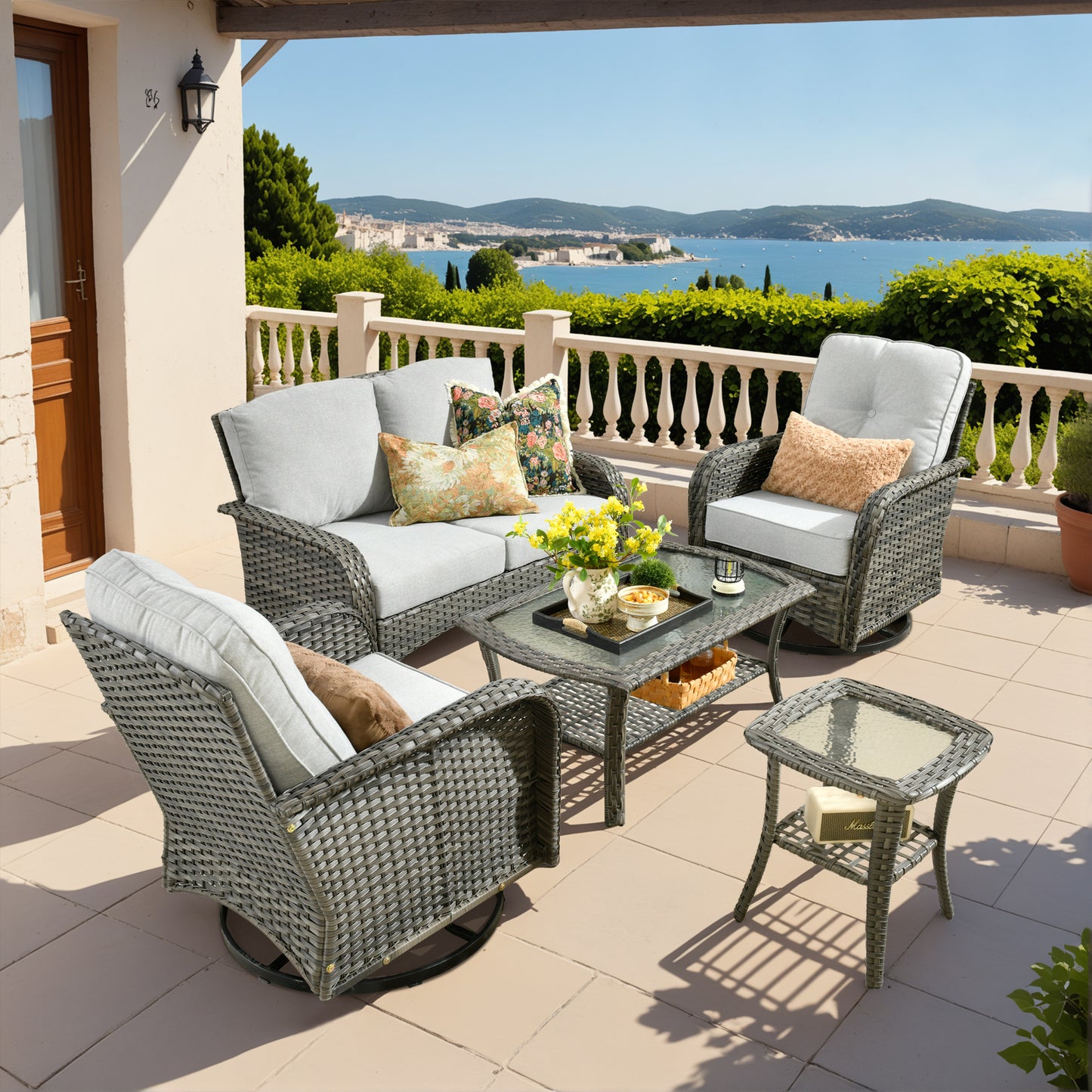 Vcatnet 5 Pieces Patio Furniture with Swivel Chairs, High Back Outdoor Conversation Set, All-Weather Wicker Sectional Furniture Set