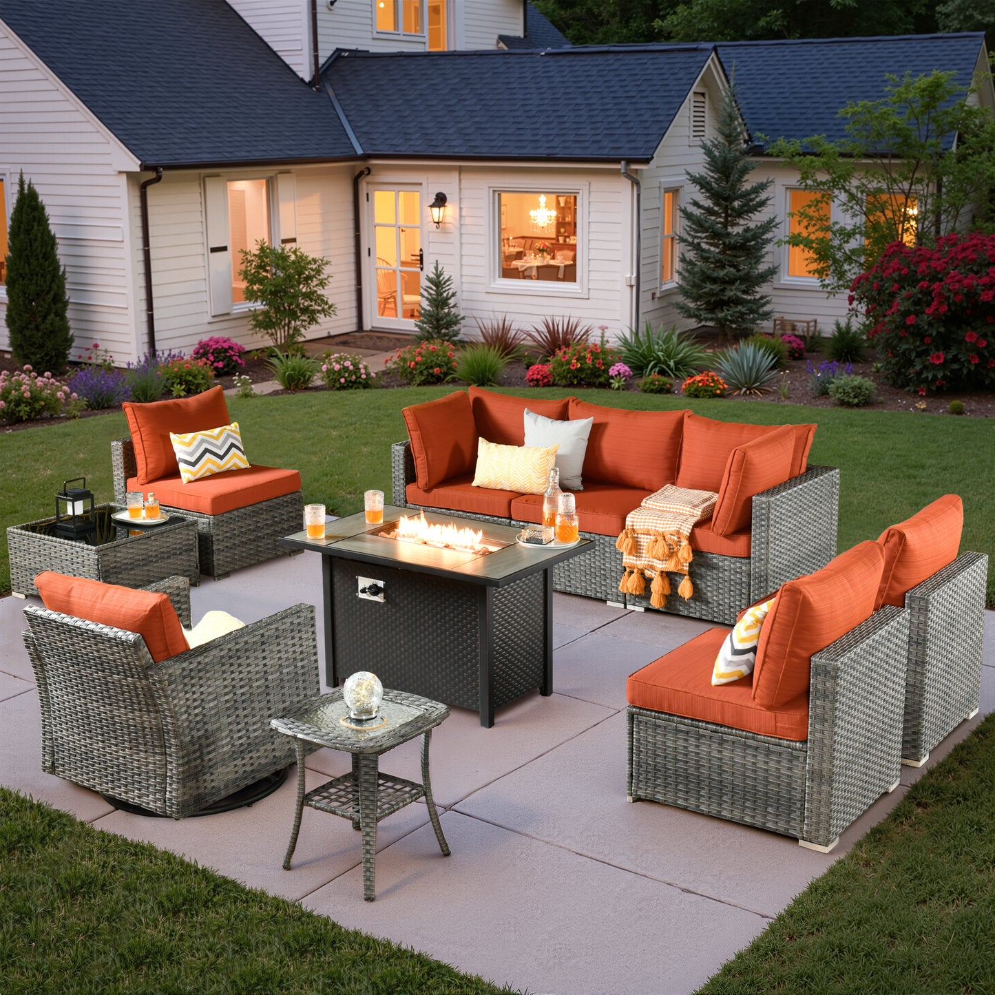 Vcatnet 6 Pieces Outdoor Patio Furniture with Fire Pit, Wicker Outdoor Conversation Set, Outdoor Sectional with Coffee Table