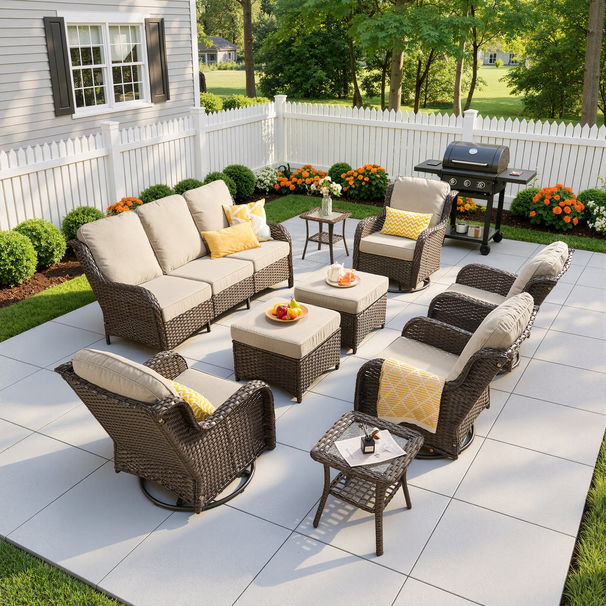 Vcatnet 5 Pieces Outdoor Patio Furniture with Fire Pit Wicker Sectional Sofa High-Back Conversation Set with Swivel Chairs
