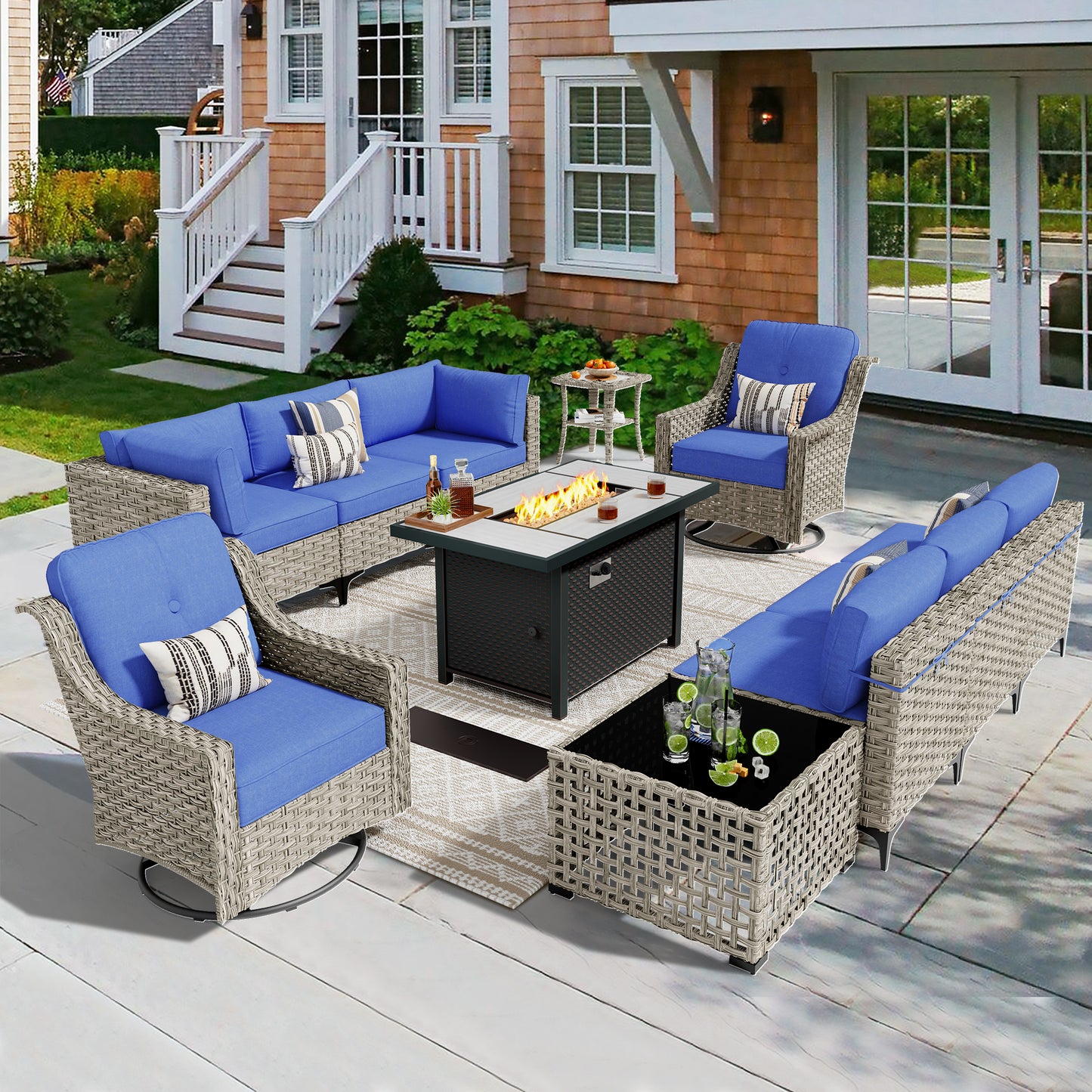 Vcatnet 11 Pieces Patio Outdoor Conversation Set PE Wicker Furniture Glider Chairs Sofa Set with Fire Pit Table and Coffee Table,Navy Blue