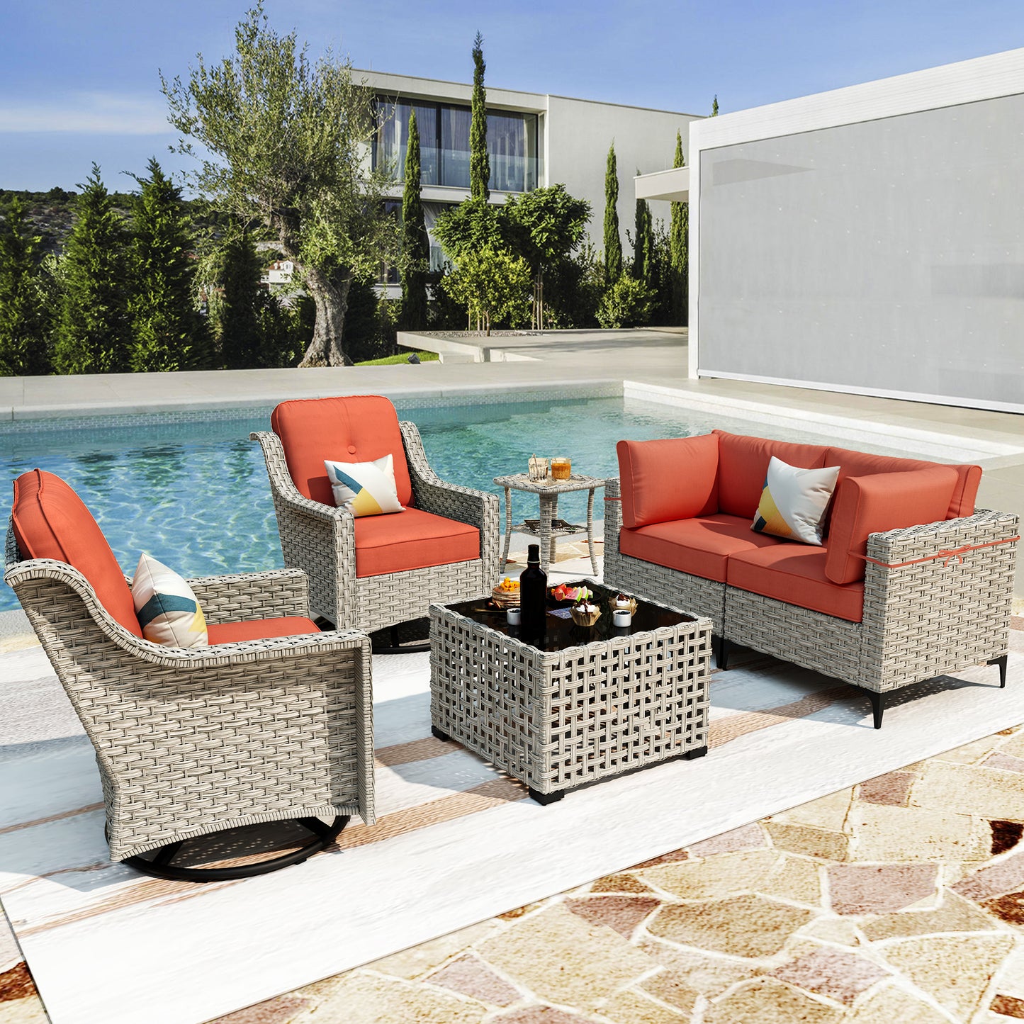 Vcatnet 6 Pieces Patio Outdoor Conversation Set PE Wicker Furniture Glider Chairs Sofa Set with Coffee Table,Coarse Orange Red