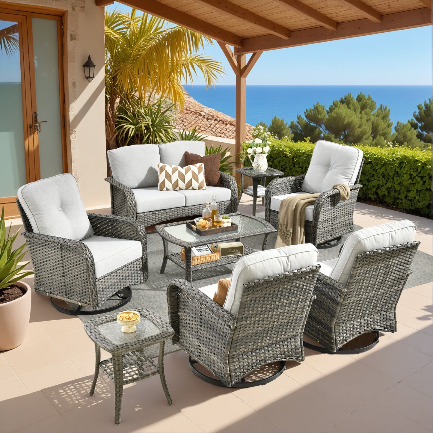 Vcatnet 5 Pieces Patio Furniture with Swivel Chairs, High Back Outdoor Conversation Set, All-Weather Wicker Sectional Furniture Set