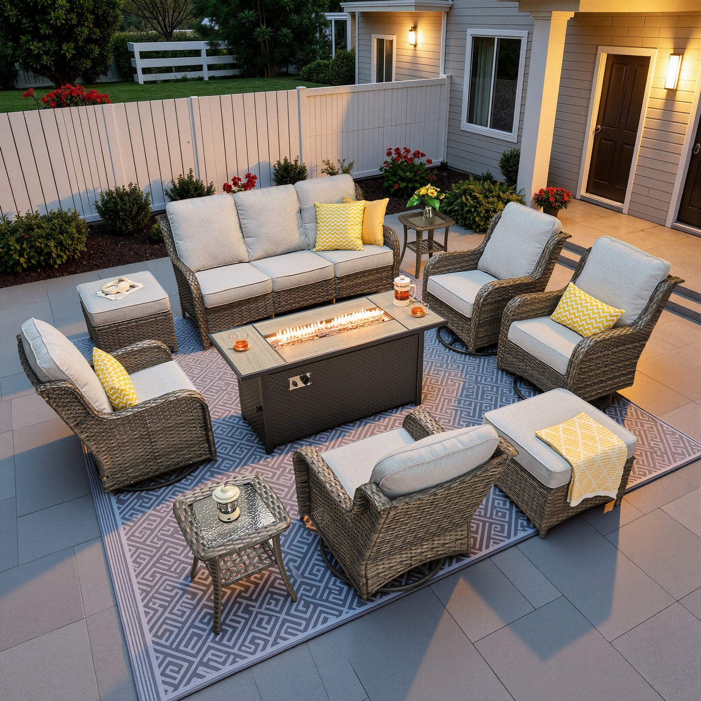 Vcatnet 5 Pieces Outdoor Patio Furniture with Fire Pit Wicker Sectional Sofa High-Back Conversation Set with Swivel Chairs