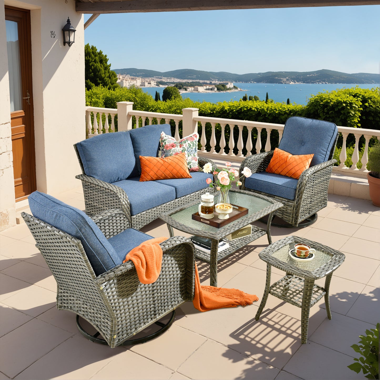 Vcatnet 5 Pieces Patio Furniture with Swivel Chairs, High Back Outdoor Conversation Set, All-Weather Wicker Sectional Furniture Set