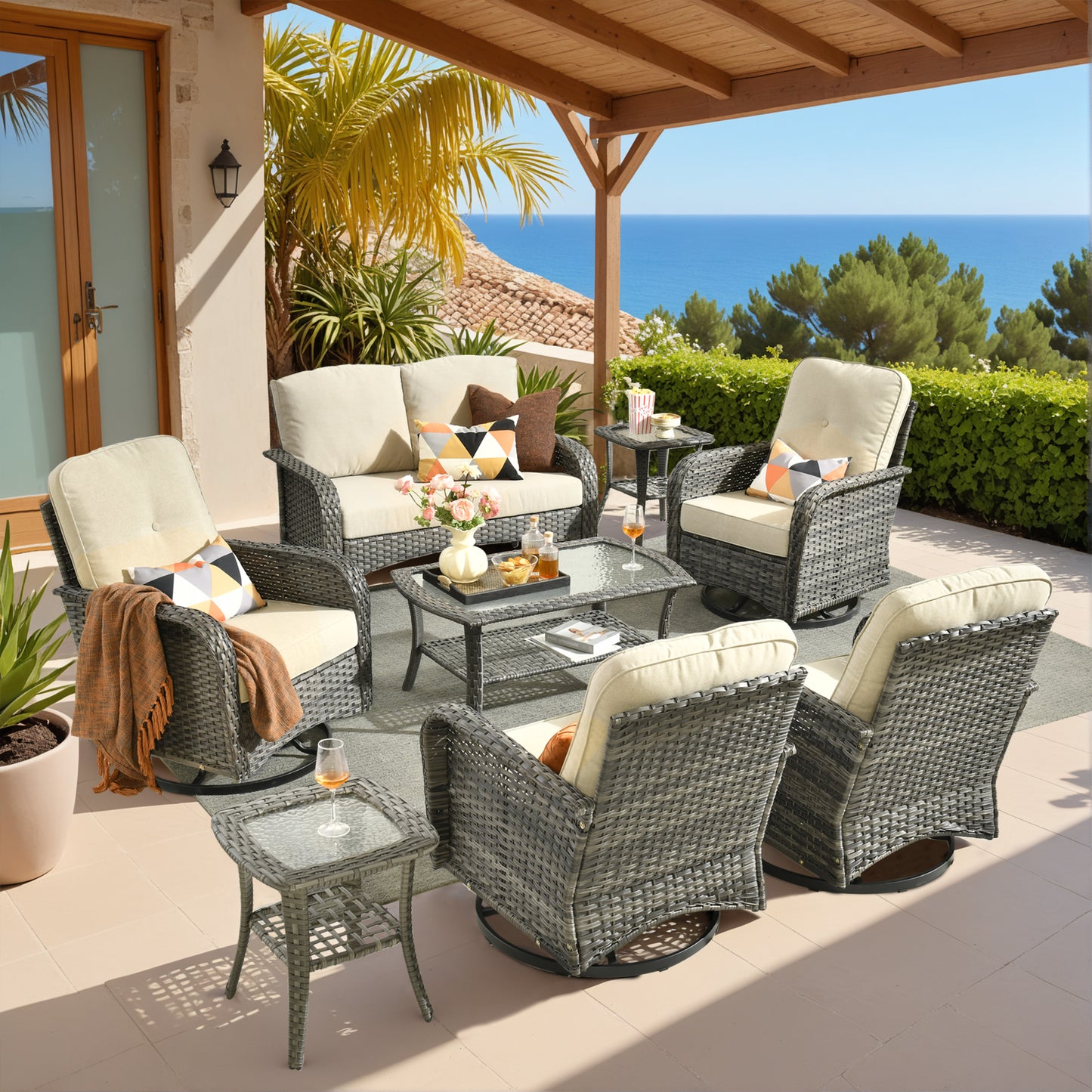 Vcatnet 5 Pieces Patio Furniture with Swivel Chairs, High Back Outdoor Conversation Set, All-Weather Wicker Sectional Furniture Set
