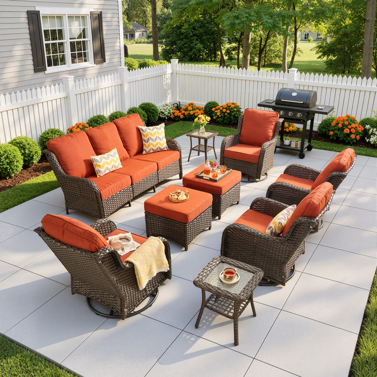 Vcatnet 5 Pieces Outdoor Patio Furniture with Fire Pit Wicker Sectional Sofa High-Back Conversation Set with Swivel Chairs