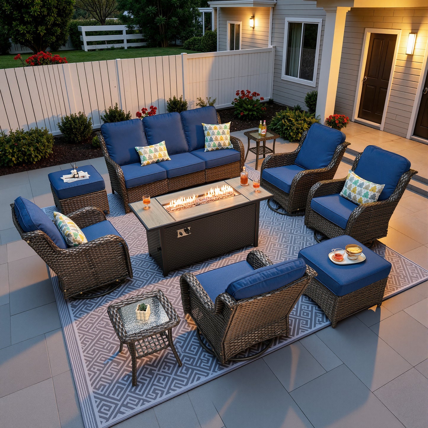 Vcatnet 5 Pieces Outdoor Patio Furniture with Fire Pit Wicker Sectional Sofa High-Back Conversation Set with Swivel Chairs