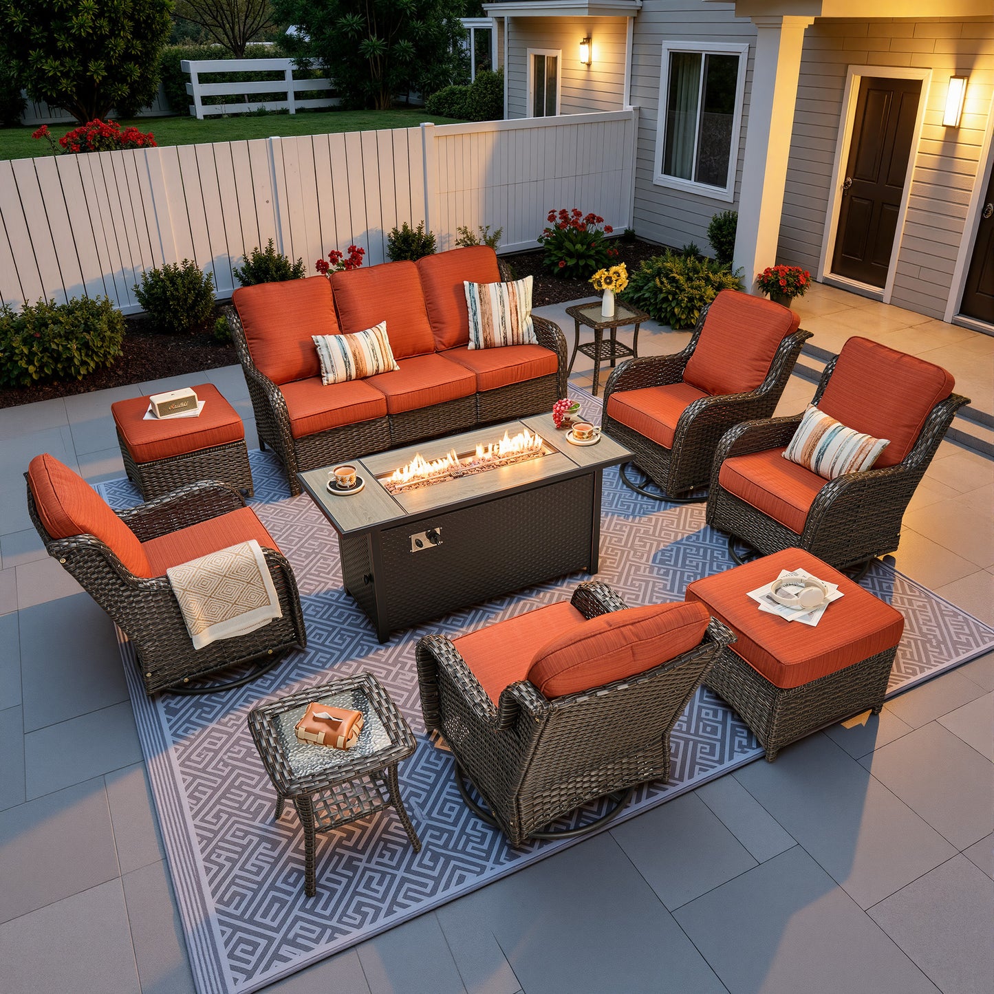 Vcatnet 5 Pieces Outdoor Patio Furniture with Fire Pit Wicker Sectional Sofa High-Back Conversation Set with Swivel Chairs