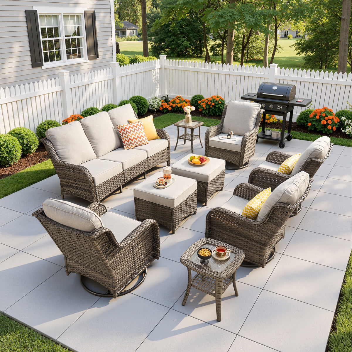 Vcatnet 5 Pieces Outdoor Patio Furniture with Fire Pit Wicker Sectional Sofa High-Back Conversation Set with Swivel Chairs