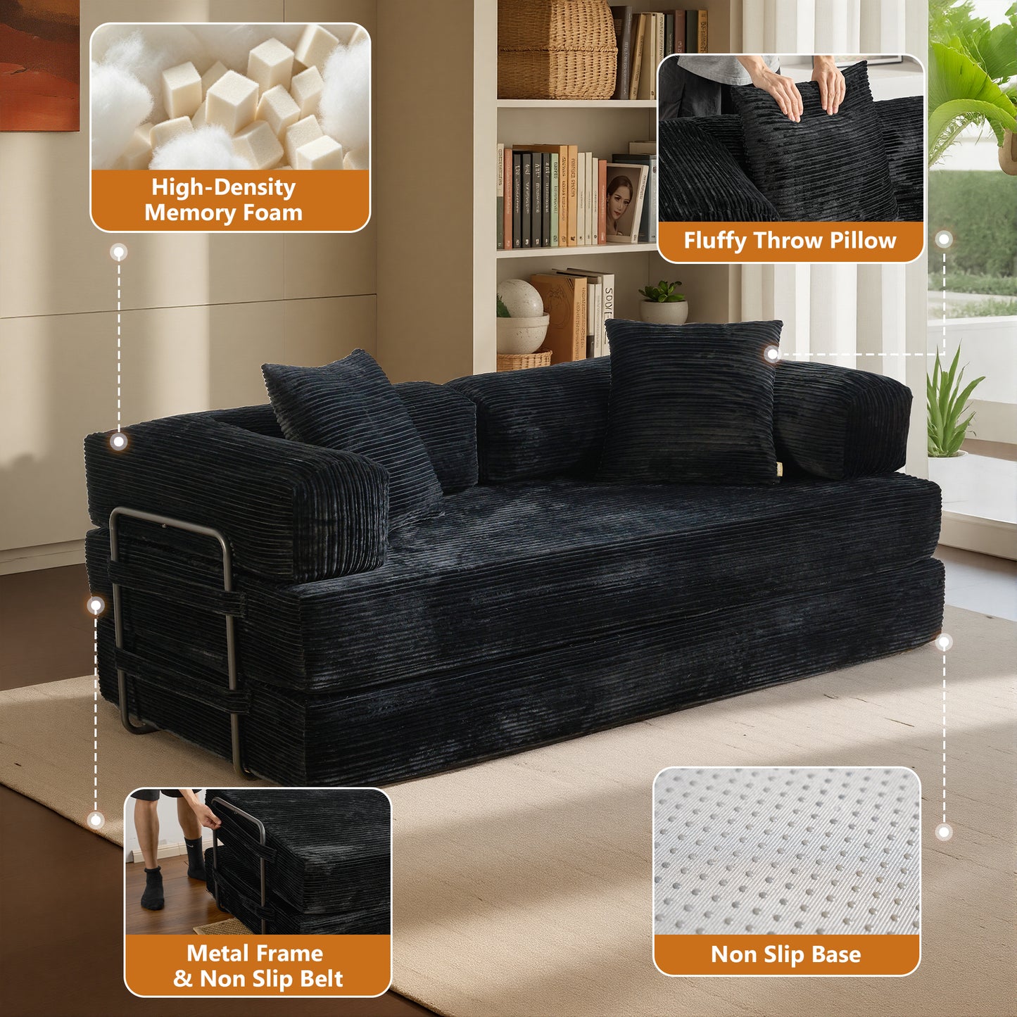 Vcatnet 80.5"x70.8" Convertible Sleeper Sofa Bed Corduroy Modular Cloud Couch Floor Sofa Foldable Lounge Couch for Living Room, Bedroom