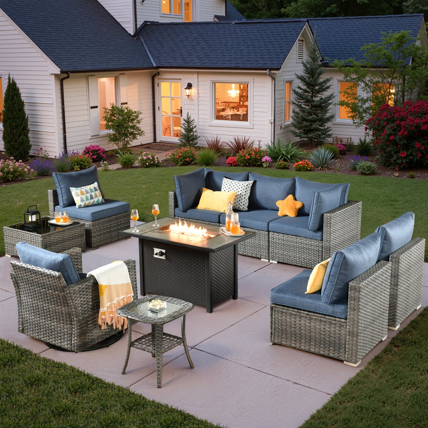 Vcatnet 6 Pieces Outdoor Patio Furniture with Fire Pit, Wicker Outdoor Conversation Set, Outdoor Sectional with Coffee Table
