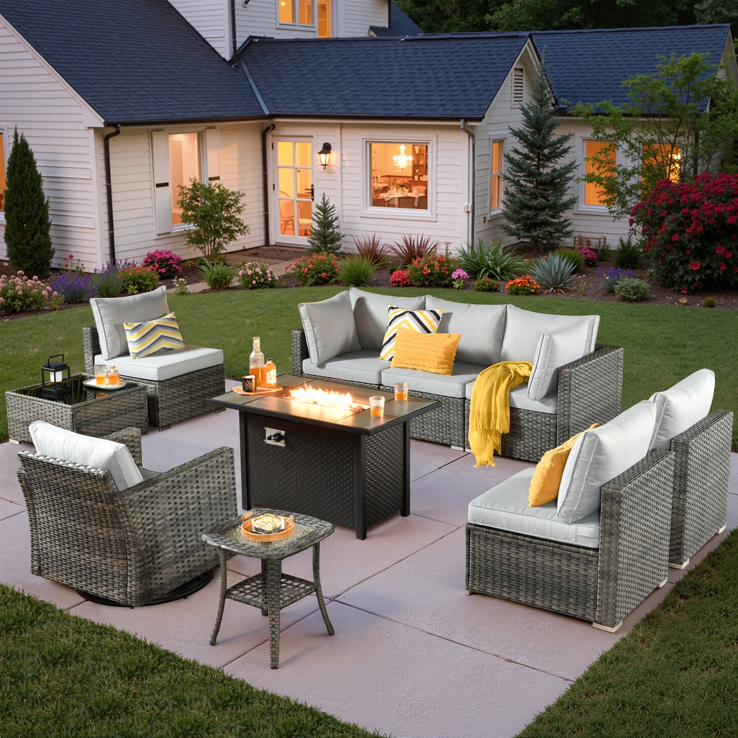 Vcatnet 6 Pieces Outdoor Patio Furniture with Fire Pit, Wicker Outdoor Conversation Set, Outdoor Sectional with Coffee Table