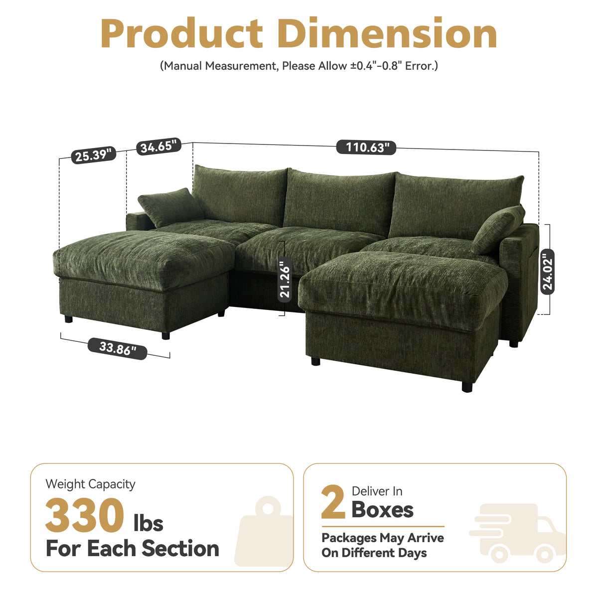 Vcatnet 110.6" Modular Sectional Sofa L Shaped Comfy Couch Oversized Modern Minimalist Couch with 2 Ottomans for Living Room Furniture, Chenille