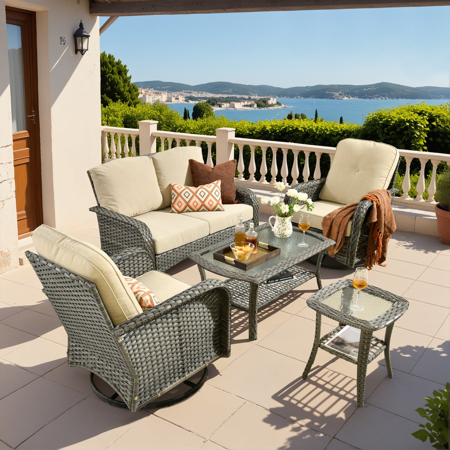 Vcatnet 5 Pieces Patio Furniture with Swivel Chairs, High Back Outdoor Conversation Set, All-Weather Wicker Sectional Furniture Set